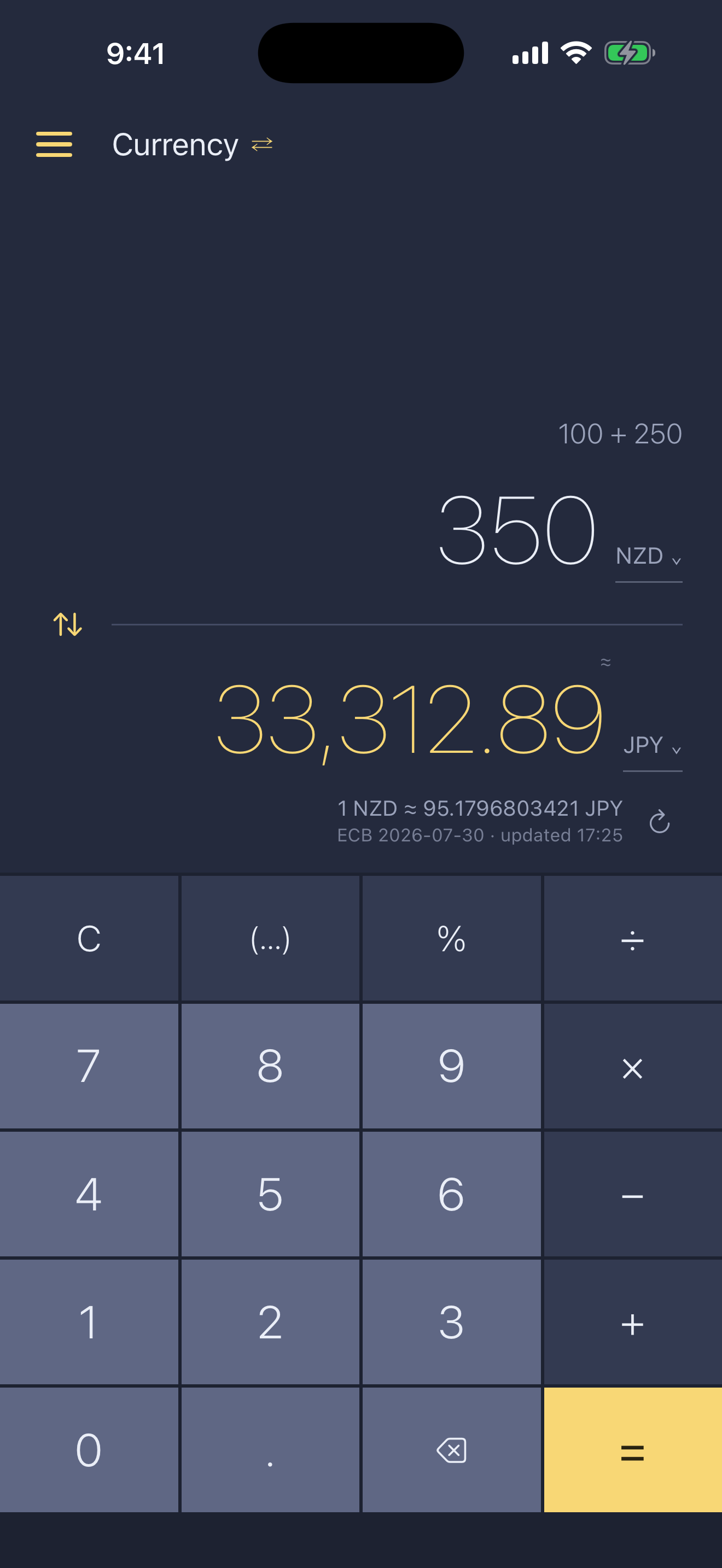 350 NZD converted to 33,312.89 JPY, with the ECB rate and its date shown beneath