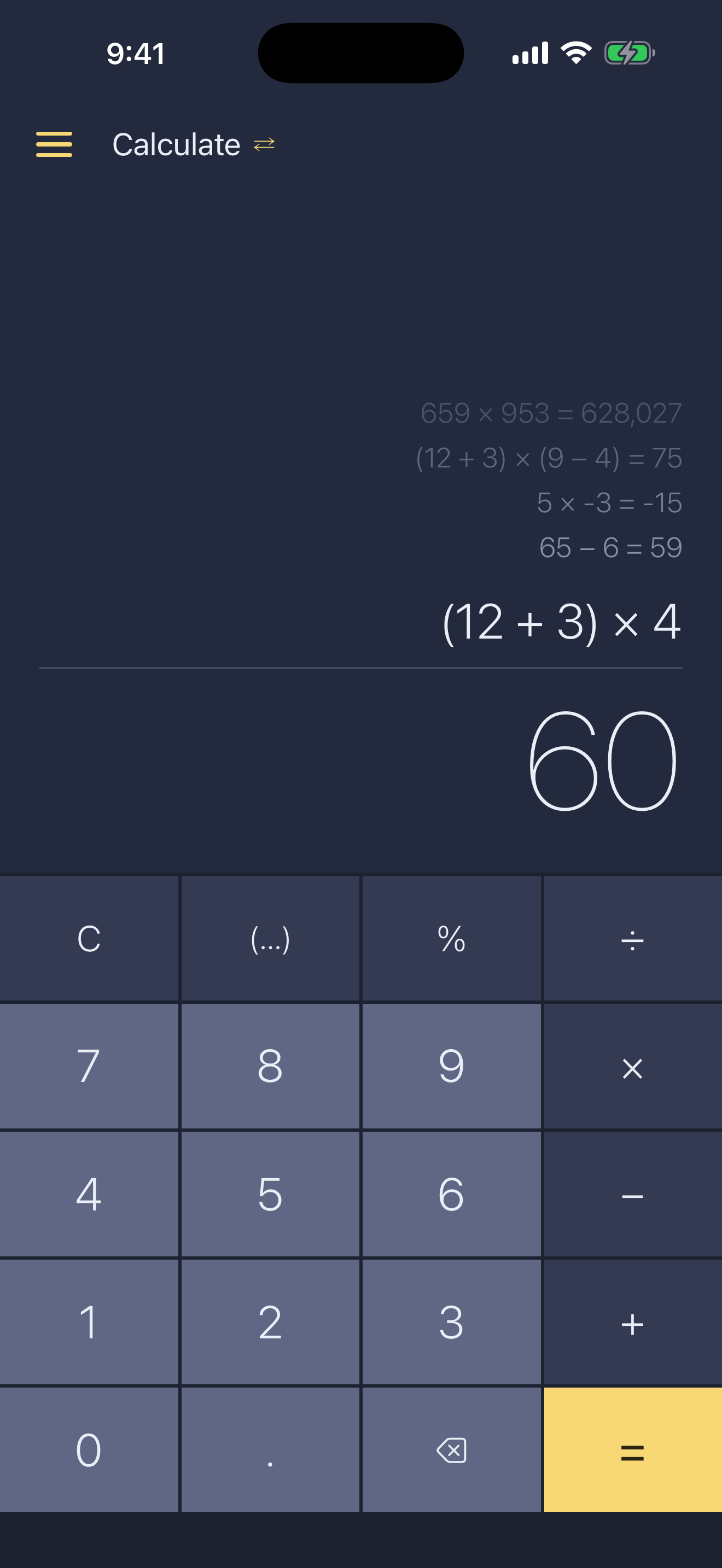 Numera keypad with a running history tape above the display, showing (12 + 3) × 4 = 60
